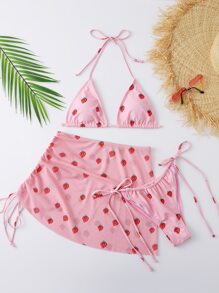 3pack Strawberry Bikini Swimsuit With Beach Skirt