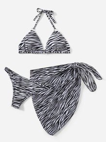 3pack Zebra Strip Bikini Swimsuit With Beach Skirt