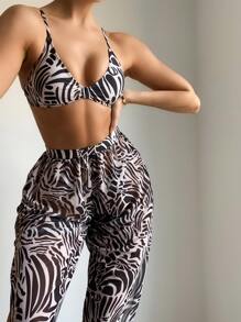 3pack Zebra Striped Pattern Bikini Swimsuit & Beach Pants