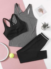 3pcs Criss-cross Sports Bra & Tank Top & Leggings