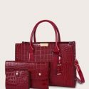 3pcs Croc Embossed Satchel Bag With Clutch Bag