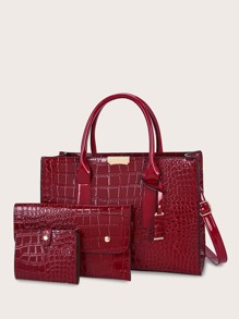 3pcs Croc Embossed Satchel Bag With Clutch Bag