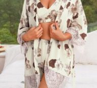 3pcs Floral Print Lace Trim Self Tie PJ Set