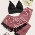 3pcs Lace Trim Satin PJ Set