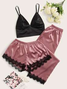 3pcs Lace Trim Satin PJ Set