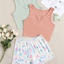 3pcs Notched Neck Ribbed Knit Tank Top & Floral Print Frill Trim Shorts PJ Set