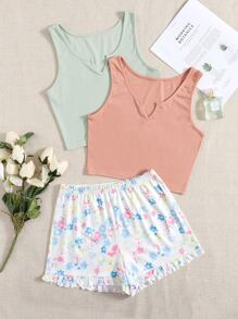 3pcs Notched Neck Ribbed Knit Tank Top & Floral Print Frill Trim Shorts PJ Set