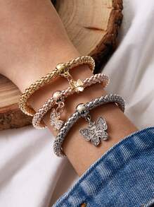 3pcs Rhinestone Decor Butterfly Charm Bracelet