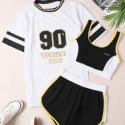 3pcs Striped & Letter Graphic Sports Set