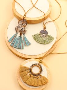 3pcs Tassel Round Charm Necklace