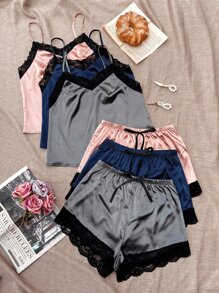 3sets Lace Trim Cami Top & Shorts Night Set