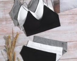 3sets Solid Ribbed Lingerie Set