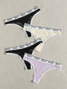 4pack Floral Lace Letter Tape Panty Set