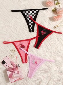 4pack Floral & Checker Pattern Thong Set