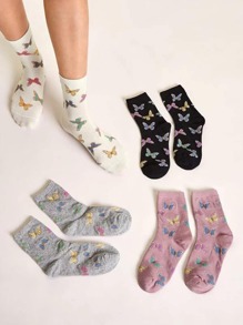 4pairs Butterfly Graphic Crew Socks