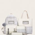 4pcs Letter Patch Plaid Backpack With Pencil Case