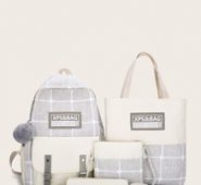 4pcs Letter Patch Plaid Backpack With Pencil Case
