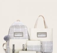 4pcs Letter Patch Plaid Backpack With Pencil Case