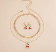 4pcs Rhinestone Decor Cherry Charm Jewelry Set