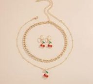 4pcs Rhinestone Decor Cherry Charm Jewelry Set