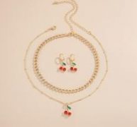 4pcs Rhinestone Decor Cherry Charm Jewelry Set