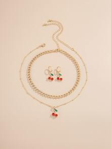 4pcs Rhinestone Decor Cherry Charm Jewelry Set