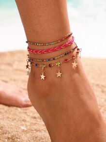 4pcs Rhinestone Decor Star Charm Braided Anklet