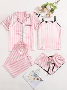 4pcs Striped Satin Pajama Set