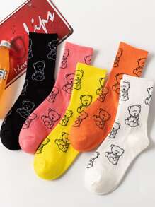 5pairs Bear Print Crew Socks