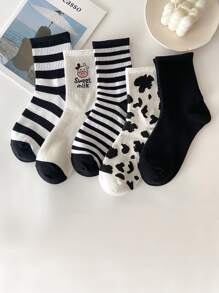 5pairs Cow Print & Striped Crew Socks