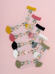 5pairs Floral Print Mesh Socks