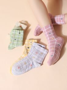 5pairs Flower & Plaid Pattern Crew Socks