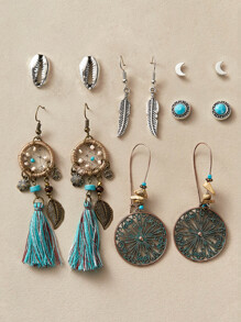 6pairs Bohemian Tassel & Leaf Decor Earrings