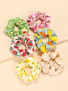 6pcs Fruit Print Pleated Scrunchie