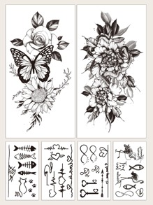 6sheets Flower & Heart Pattern Tattoo Sticker