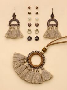 7pairs Tassel Decor Earrings & 1pc Tassel Pendant Necklace