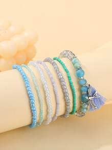 7pcs Tassel Decor Beaded Bracelet