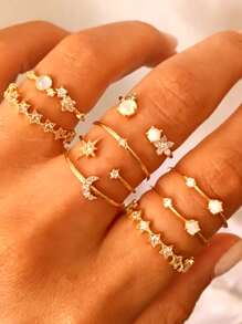 9pcs Rhinestone Star & Moon Ring