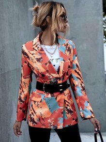 Abstract Print Lapel Collar Blazer Without Belt