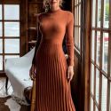 Accordion Pleat Long Sleeve Midi Dress