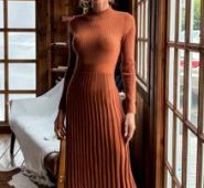 Accordion Pleat Long Sleeve Midi Dress