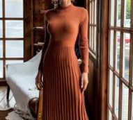 Accordion Pleat Long Sleeve Midi Dress