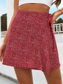 All Over Print Tie Side Wrap Skirt