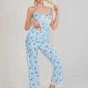 Allover Floral Print Lace Trim Cami Top & Pants PJ Set