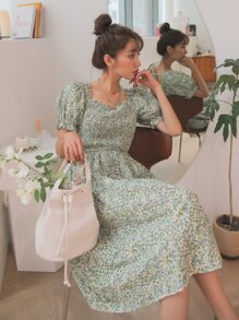 Allover Floral Print Shirred Puff Sleeve Dress