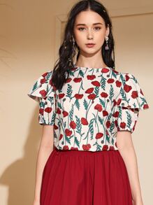 Allover Floral Ruffle Trim Keyhole Back Blouse