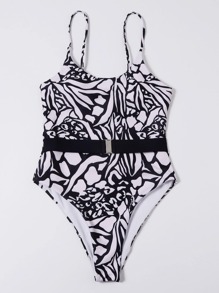 Allover Print Belted One Piece Swimsuit