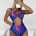 Allover Print Cut Out One Piece Swimsuit With Kerchief