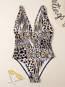 Allover Print Cut Out One Piece Swimsuit