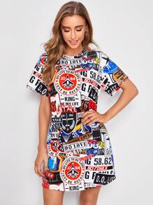 Allover Print Drop Shoulder Tee Dress